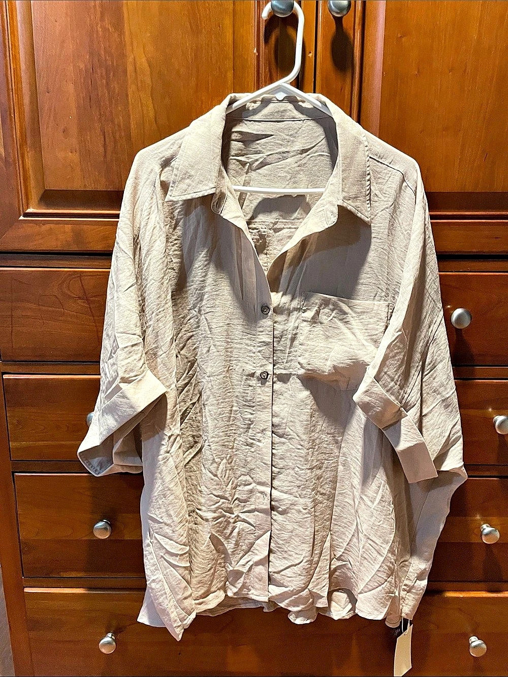 Halara three quarter sleeve Casual Linen-Feel Shirt with breast pocket light kha